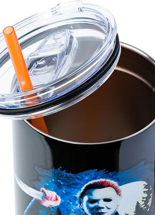 Silver Buffalo Halloween II “The Nightmare Isn’t Over” Stainless Steel Tumbler with Handle Featuring Michael Myers, Fits in Standard Cup Holder, 40 Ounces