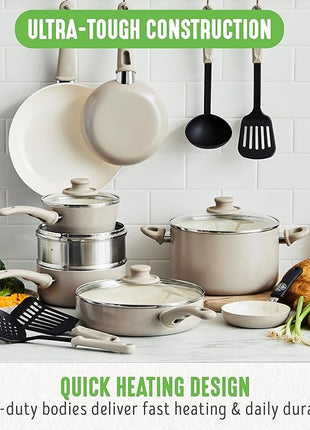GreenLife 16 Piece Nonstick Cookware Set, Soft Grip Non-Toxic PFAS-Free Ceramic Pots & Pans, Dishwasher & Oven Safe, Frying, Sauce, Saute, Utensils, Glass Lids, Stay-Cool Handles, Wobble Free, Taupe
