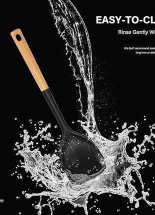 Silicone Cooking Utensils Set, Heat Resistance Large Kitchen Utensils Set with Long Wooden Handle, BPA-free Silicone Spatula, 6 Pcs Cooking Spoons for Non Stick Frying Pans and Pots（Black）