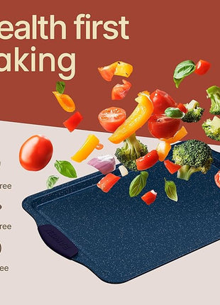 BAKKEN Kitchen Baking Pan Set - Nonstick Coating, Carbon Steel Bakeware Sets with Blue Silicone Handles, Baking Kitchen Essentials, PFOA, PFOS, PTFE Free, Oven Safe Tray (Up To 450° F), Set of 3