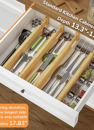 BAMEOS Drawer Divider,Expandable Bamboo Separators Adjustable Utensil Knife Fork Tool Kitchen Organizer, Clothes Fabric Drawer Organizer In Bathroom Bedroom Office, Cabinet Dresser Organizer 4-pack