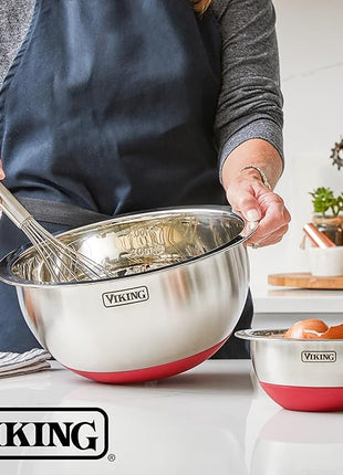 VIKING Mixing Bowls Set, 10 Piece Stainless Steel Kitchen Cookware, Non-Slip Silicone Base, Includes Tight Fit Lids, Dishwasher Safe, Red