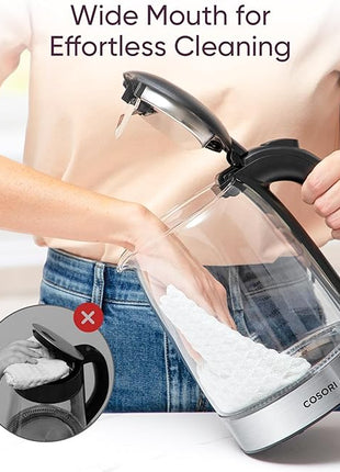 Cosori Electric Kettle, No Plastic Filter & Spout, 1.8Qt Tea Kettle & Hot Water Boiler For Coffee & Tea, Water Heater & Teapot, Automatic Shut Off, Borosilicate glass, Black, 1500W