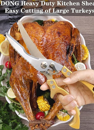 ANDONG Heavy Duty Kitchen Poultry Shears with Serrated Edge, Spring Loaded Kitchen Scissors, Professional Chicken Shears, Gold