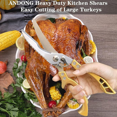 ANDONG Heavy Duty Kitchen Poultry Shears with Serrated Edge, Spring Loaded Kitchen Scissors, Professional Chicken Shears, Gold