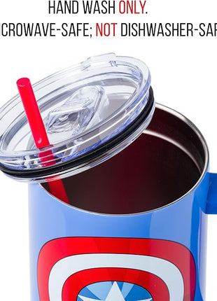 Silver Buffalo Marvel Captain America Shield Stainless Steel Tumbler with Handle and Straw, Fits in Standard Cup Holder, 40 Ounces