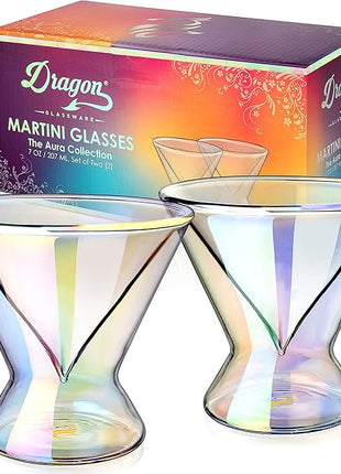 Dragon Glassware Stemless Martini Glasses - 7 oz Iridescent Set of 2 - Double Wall Insulated Cocktail Glass Set - Unique and Fun Gift for Espresso Martini Lovers