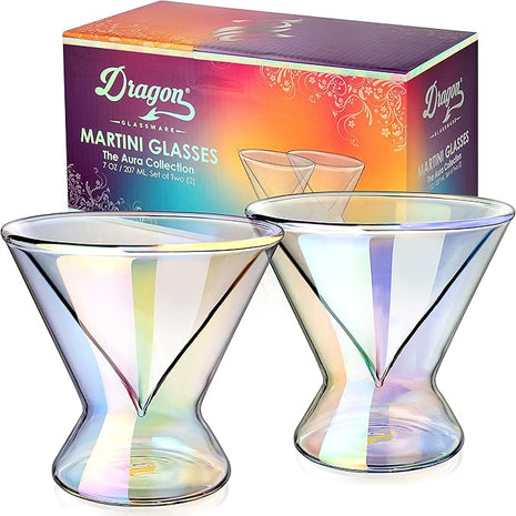 Dragon Glassware Stemless Martini Glasses - 7 oz Iridescent Set of 2 - Double Wall Insulated Cocktail Glass Set - Unique and Fun Gift for Espresso Martini Lovers