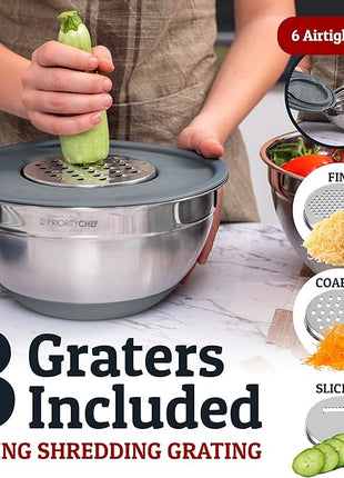 Priority Chef 6Pc Large Mixing Bowls With Lids Set with Non-Slip Bases, Stainless Steel Mixing Bowl Set, 6 Airtight Lids and 3 Graters, Grey