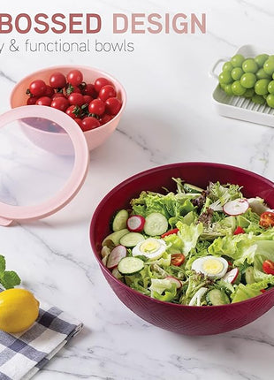 COOK WITH COLOR Mixing Bowls with Lids - 12 Piece Plastic Nesting Bowls Set includes 6 Prep Bowls and 6 Lids, Rhombus Design - Microwave Safe (Rose)