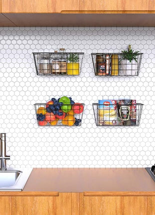 MaraFansie Over the Cabinet Door Organizer Wall Wire Baskets Hanging Kitchen Basket Shelf for Cabinet & Pantry Organization and Kitchen, Bathroom, Bedroom Storage, with Adhesive, 4 Pack