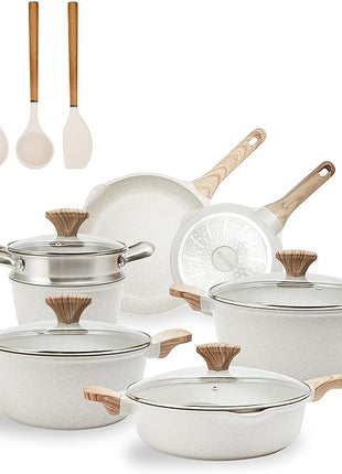 Country Kitchen Non-Stick Cast Aluminum Cookware Set - Durable Kitchen Cookware for Everyday Cooking, Cream, 15 Pc.