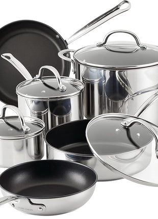 Farberware Millennium Stainless Steel Nonstick Cookware Set, 10-Piece Pot and Pan Set, Stainless Steel