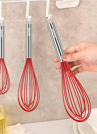 NileHome Whisk Commercial Stainless Steel wisk & Silicone Non-Stick Coated Small Whisk Set 8" 10" 12" Kitchen Wisk Wire Whisks for Cooking 3 Pack, Red
