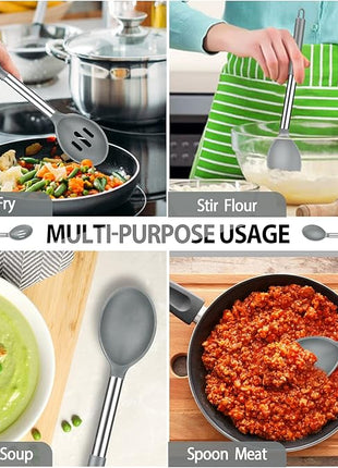 Pack of 4 Large Silicone Cooking Spatulas and Spoons, Slotted and Solid Stainless Steel Cooking Utensils Set, Non-stick Heat Resistant Kitchen for Baking, Fried, Stir-Fry, Mixing, Serving (Grey)