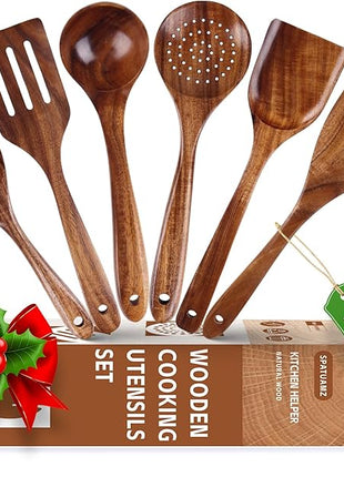 SPATUAMZ Wooden Cooking Spoons, Ladle and Spatula, Fine Polished Teak Wood Cooking Utensils Set of 6, Nonstick Wooden Kitchen Spoon & Spatula Set