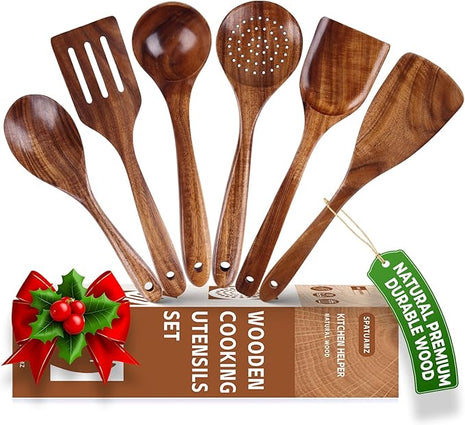 SPATUAMZ Wooden Cooking Spoons, Ladle and Spatula, Fine Polished Teak Wood Cooking Utensils Set of 6, Nonstick Wooden Kitchen Spoon & Spatula Set