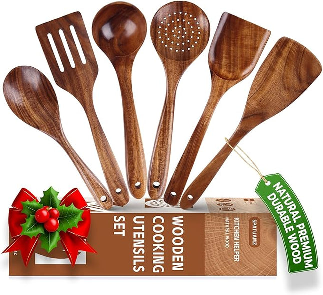 SPATUAMZ Wooden Cooking Spoons, Ladle and Spatula, Fine Polished Teak Wood Cooking Utensils Set of 6, Nonstick Wooden Kitchen Spoon & Spatula Set