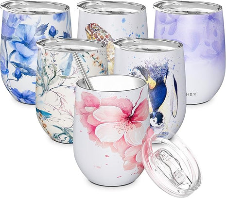 THILY Stainless Steel Insulated Wine Tumbler Stemless Wine Glass with Lid and Straw, Splash-proof, Cute Travel Cup for Coffee, Cocktails, for Women, Mother, Wife, Girls, Cherry Blossoms