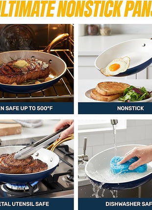 Gotham Steel 12 Pc Ceramic Cookware Set Nonstick, Ceramic Pots and Pans Set Non Stick with Steamer for Cooking, Non Toxic PFOA PFOS Free, Premium Stay Cool Handles, Oven & Dishwasher Safe