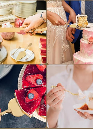 Wedding Cake Cutting Set, Elegant Wedding Cake Knife and Server Set with Thick Stainless Steel Wide Handle, Cake Cutting Set for Wedding Anniversary Christmas, Cake Cutter, 2 Cute Forks and Bows, Gold