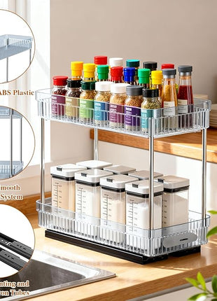 2 Pack Pull Out Spice Rack Organizer for Cabinet, 2 Tier Slide Out Spice Racks Organizer, Spice Cabinet Organizers, Cabinet Size Need:12'' High x 11'' Deep x 5'' Wide, Clear Acrylic