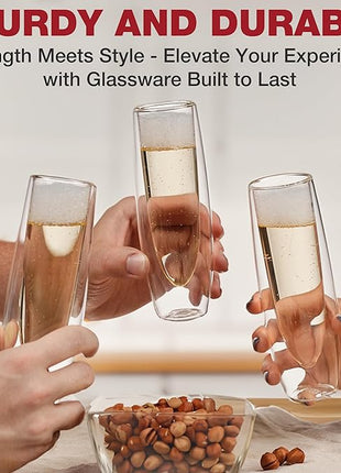 Eparé Stemless Champagne Flutes Glass - Set of 4 Double Wall Champagne Glasses for Mimosas, Prosecco, and Cocktails - Modern Lightweight Glass Stemless Flute Glasses for Celebrations