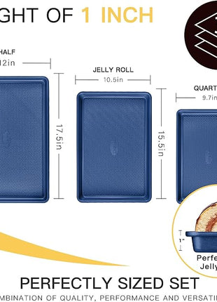 HONGBAKE Baking Sheet Pan Set, Cookie Sheets for Oven, Nonstick Half/Quarter/Jelly Roll Pans with Diamond Texture Pattern, Heavy Duty Cookie Tray, Dark Blue
