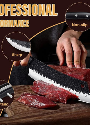 Golden Bird Butcher Knife Set - 4pcs Hand Forged Meat Cleaver Knife & Serbian Chef Knives & Sharp Viking Knives for Meat Cutting, Camping, BBQ, Christmas Gifts for Men Women