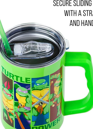 Silver Buffalo Teenage Mutant Ninja Turtles Turtle Power Stainless Steel Tumbler with Handle Featuring Leonardo, Donatello, Raphael, and Michelangelo, Fits in Standard Cup Holder, 40 Ounces