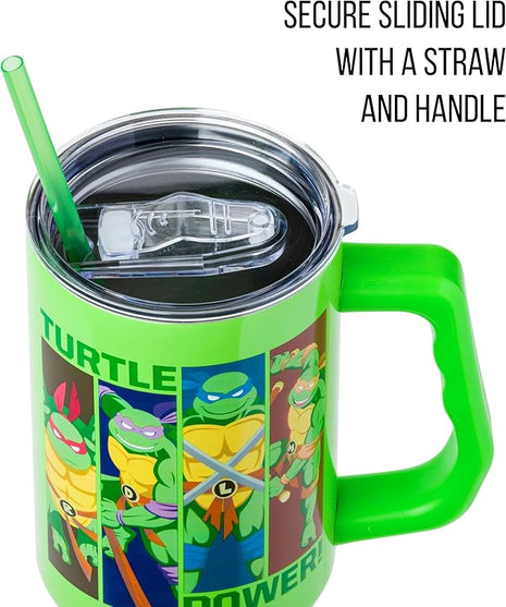 Silver Buffalo Teenage Mutant Ninja Turtles Turtle Power Stainless Steel Tumbler with Handle Featuring Leonardo, Donatello, Raphael, and Michelangelo, Fits in Standard Cup Holder, 40 Ounces