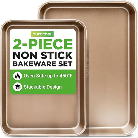 NutriChef 2 Piece Cookie Sheets for Baking, Nonstick Carbon Steel Baking Sheets - Durable, Thick, and Wrap Resistance, Easy to clean, Dishwasher & Oven Safe up to 450F