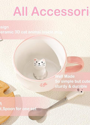 BigNoseDeer Kawaii Cat Mug with 3D Kitty Inside Cute Mugs Ceramic Tea Cup Coffee Mug Gifts for Women Girlfriend Kids White Elephant Gifts (13oz)