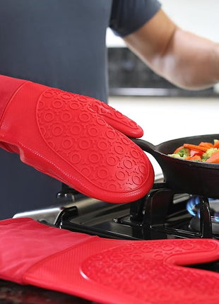 BPA-Free Silicone Oven Mitts Ultra Heat Resistant up to 500°F - Oven Mitts with Thick Cotton Liner - Long Slip Resistant Pot Holders, Flexible Oven Gloves - Canyon Red 13.7