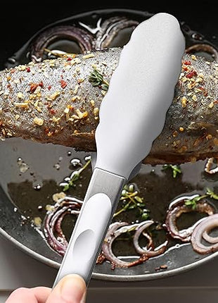 Premium Silicone Set of 2 Cooking Tongs, 9-Inch & 12-Inch BPA Free Non-Stick Stainless Steel BBQ Grilling Locking Food Tong, Light Grey