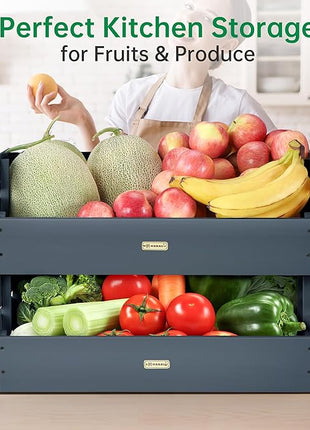 HABAU Wood Potato Onion Storage Bins - Wooden Stackable Produce Basket - Fruit Vegetable Storage for Kitchen Pantry Organization, Set 2 Pieces