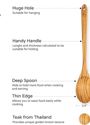 FAAY 13.5" Teak Cooking Spoon, Wooden Spoon, Mixing Spoon Handcraft from Teak | Healthy and High Moist Resistance for Non Stick Cookware