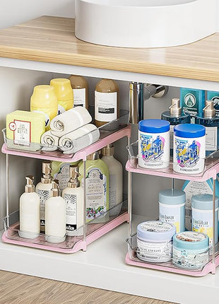 Delamu 2-Tier Multi-Purpose Bathroom Under Sink Organizers and Storage, Stackable Kitchen Pantry Organization, Pull Out Medicine Cabinet Organizer with Movable Dividers, Pink, 2 Pack