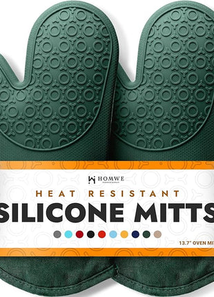 BPA-Free Silicone Oven Mitts Ultra Heat Resistant up to 500°F - Oven Mitts with Thick Cotton Liner - Long Slip Resistant Pot Holders, Flexible Oven Gloves - Green 13.7