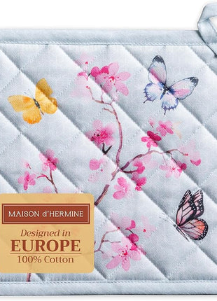Maison d' Hermine Pot Holders 100% Cotton Heat Resistant Potholders 8" x 8" Hot Pads with Loop BBQ, Cooking, Baking, Grilling, Kitchen, Handling Hot Pans Spring/Summer (Pack of 1, Blossoms in Spring)