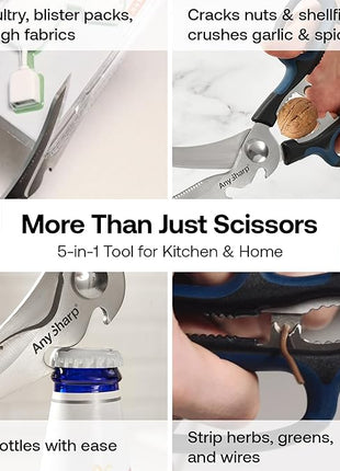 AnySharp 5-in-1 Multi-Function Kitchen Shears - Kitchen Scissors Heavy Duty with Hardened Steel Blades - Cut Chicken Bones and Thick Fabrics - Grip for Both Left and Right Handed - Dishwasher Safe