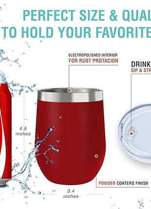 CHILLOUT LIFE 12 oz Stainless Steel Wine Tumblers 2 Pack - Double Wall Vacuum Insulated Wine Glasses Cups with Lids and Straws Set Keeping Cold & Hot for Coffee, Beer, Ice Cream - Powder Coated Red