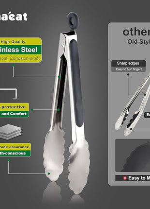 Anaeat Stainless Steel Locking Tong Set of 3 - Premium 7, 9 and 12 inch Kitchen Food Tongs with Non-Slip Silicone Tips and Grip for Serving, Cooking, Baking and BBQ - Heavy Duty & Heat Resistant