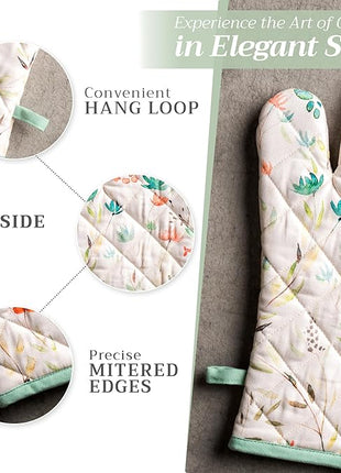 Maison d' Hermine 100% Cotton Oven Mitt & Pot Holder Set (7.5"x13" & 8"x8") Heat Resistant BBQ Cooking Gloves with Loop, Baking, Grilling, Kitchen, Handling Hot Pans Spring/Summer (Colmar)