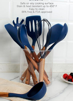 Country Kitchen Non Stick Silicone Utensil Set with Rounded Wood Handles for Cooking and Baking, 8 Piece Set, Navy