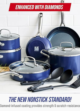 Blue Diamond 14 Piece Nonstick Cookware Set, Diamond Ceramic Pots & Pans, Dishwasher & Metal Utensil Safe, Non Toxic PFAS-Free, Kitchen Cooking Sauce & Saute Pans, Oven & Broiler to 600F, Blue