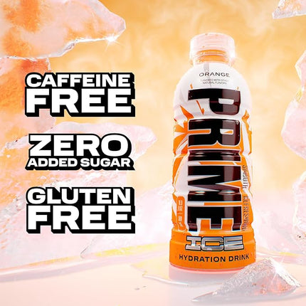 PRIME Hydration ICE ORANGE, Sports Drinks, Electrolyte Enhanced for Ultimate Hydration, 250mg BCAAs, B Vitamins, Antioxidants, Low Sugar, 16.9 Fl Oz, 12 Pack