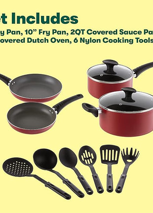 BELLA Cookware Set, 12 Piece Pots and Pans with Utensils, Nonstick PFOA Free Scratch Resistant Cooking Surface Compatible with All Stoves, Nylon and Aluminum, Red