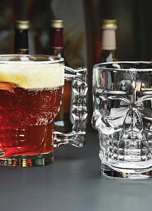 Circleware Skull Face Beer Mug Drinking Glasses with Handle, Set of 2, Heavy Base Funny Entertainment Glassware for Water, Juice and Halloween Decorations Beverage Gifts, 17.6 oz.