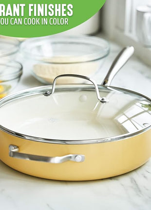 GreenLife Artisan Healthy Ceramic Nonstick, 5QT Saute Pan Jumbo Cooker with Helper Handle and Lid, Stainless Steel Handle, Induction, PFAS-Free, Dishwasher Safe, Oven Safe, Yellow